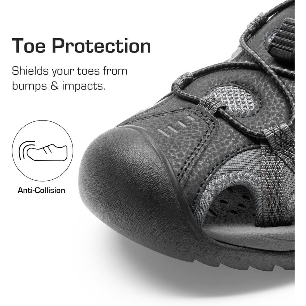 Hiking Sandals Men's Black Gray Athletic Cushioned Closed Toe Fisherman Shoes - Picture 6 of 8